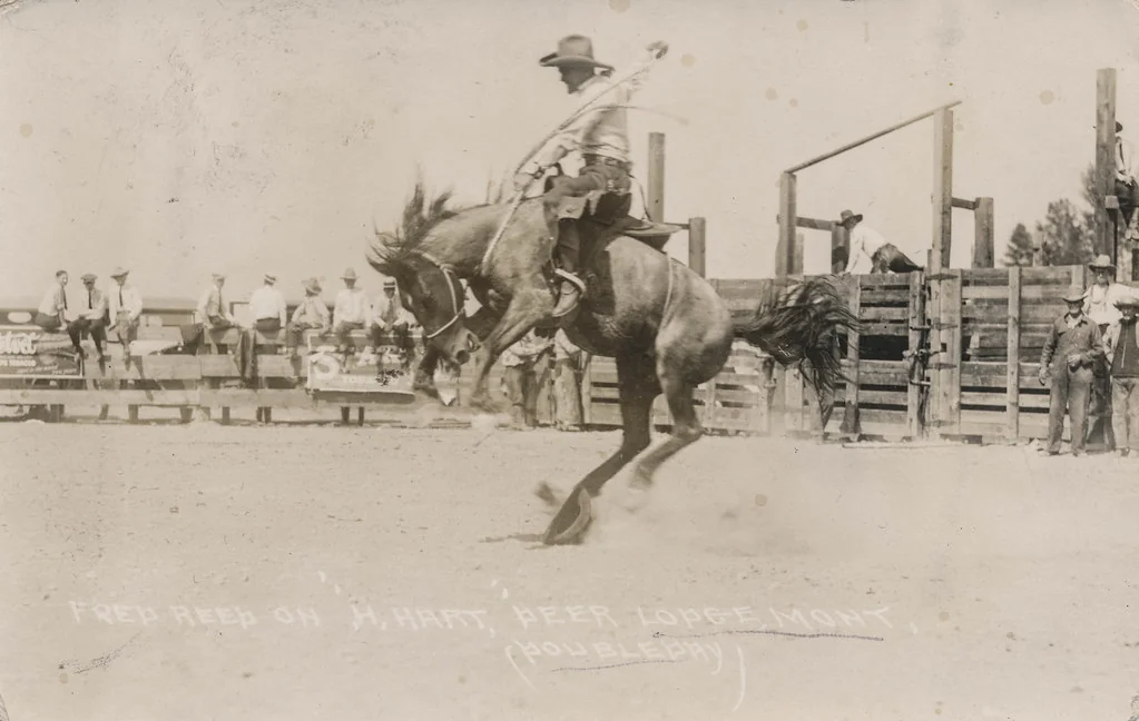 Cowboy riding a bucking bronco