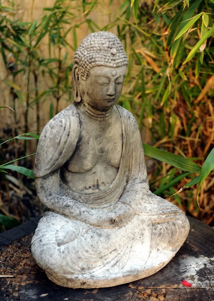 Buddha wearing robes, seated, meditation, white concrete, bamboo, garden, South Bay Vajrayana, Cuper